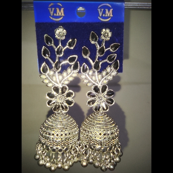 Silver Oxidized Jhumka Earrings - Picture 7 of 9
